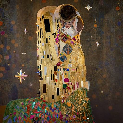 Gustav Klimt-style digital artwork of a golden, mosaic-patterned figure embracing a dark-haired person, surrounded by glowing stars and colorful patterns