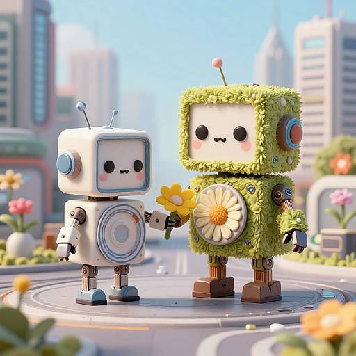 Cute CGI robots with fluffy green and white textures, holding flowers, stand on a sunny city street with blurred buildings.