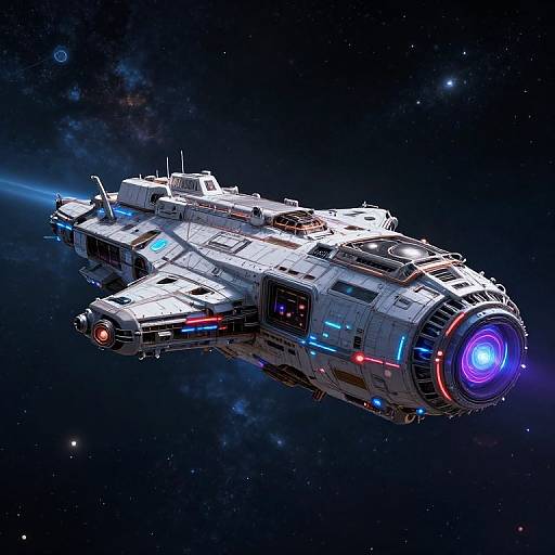 Digital artwork of a futuristic, white spacecraft with blue and red glowing lights, floating in the dark, star-filled galaxy.