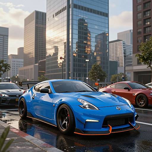 Photograph of a vibrant blue sports car with a large rear spoiler, parked on a wet city street, surrounded by tall glass buildings and other colorful cars