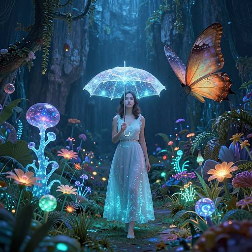 Enchanted forest scene: a glowing woman in a white dress holds a luminous umbrella, surrounded by bioluminescent flowers and a large orange