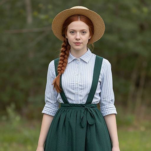 Photograph of a fair-skinned, red-haired woman with a braided ponytail, wearing a straw hat, white striped shirt, and green suspend