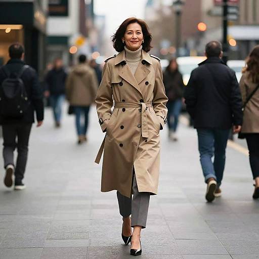Photograph of a smiling woman with curly hair, wearing a beige trench coat and gray pants, walking down a busy city street. Blurred pedestrians and