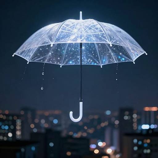 Photograph of a glowing, transparent umbrella with sparkling lights against a dark, city night skyline with blurred, colorful building lights.