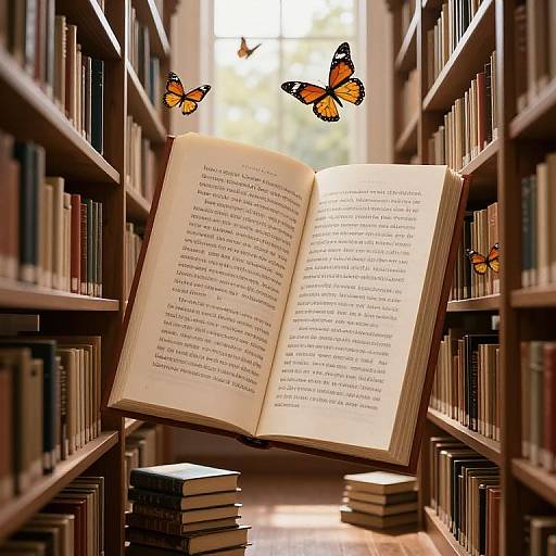 Photograph of an open book floating between bookshelves, surrounded by orange butterflies, with sunlight streaming through a window.