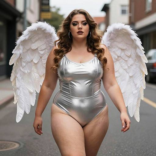 Plus Size Woman in Silver Bodysuit with Angel Wings