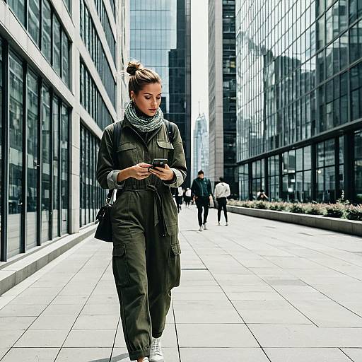 Woman in Khaki Utility Jumpsuit Using Phone on City Sidewalk