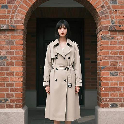 Woman in Beige Trench Coat Standing in Brick Archway