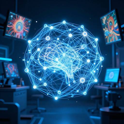 Photograph of a glowing blue, wireframe, spherical network of lights in a dark, futuristic room with multiple colorful screens.