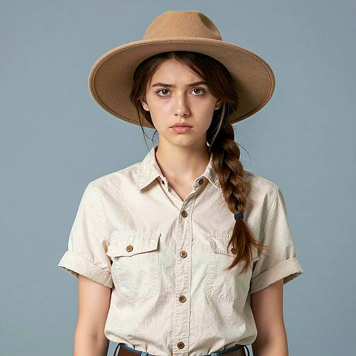 Young Woman in Safari Costume with Wide-Brimmed Hat