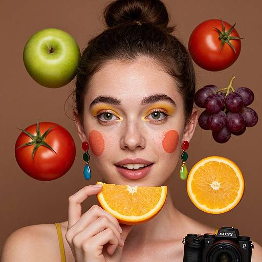 Photograph of a young woman with brown hair in a bun, yellow eyeshadow, red cheeks, colorful earrings, holding orange slice, surrounded by