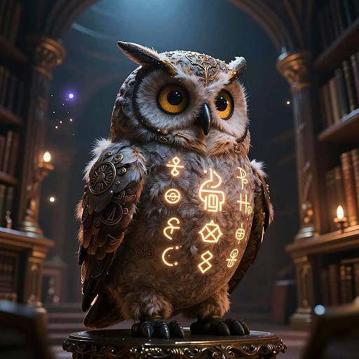 CGI fantasy image of a glowing, ornate owl with large yellow eyes, illuminated with magical symbols, standing in a dimly lit, candle-l