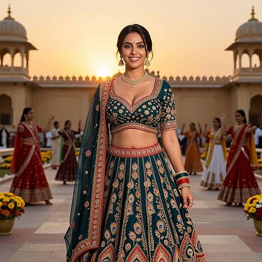 Photograph of a smiling Indian woman in a traditional dark blue and gold embroidered lehenga choli, standing in a sunlit courtyard with other women in