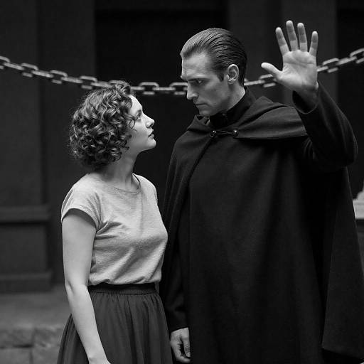 Black-and-White Portrait of Woman and Man in Cloak