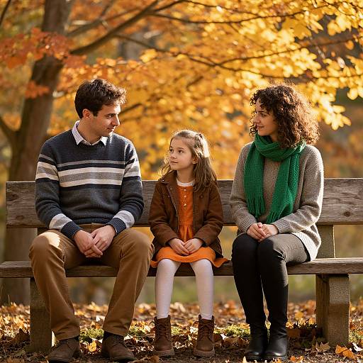 Photograph of a family of three sitting on a wooden bench in an autumn forest, with golden leaves in the background, wearing warm fall clothes and smiling