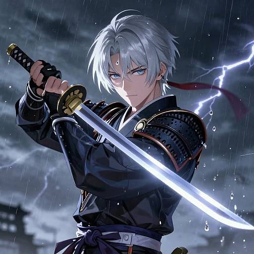 Anime-style digital drawing of a silver-haired, blue-eyed samurai holding a glowing sword in a stormy, rainy night sky.