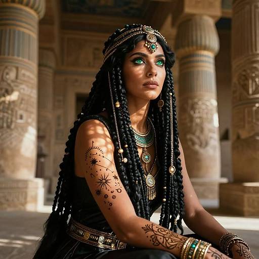 Photorealistic digital artwork of a dark-skinned woman with long black braids, green eyes, adorned with jewelry, tattoos, and wearing traditional Middle