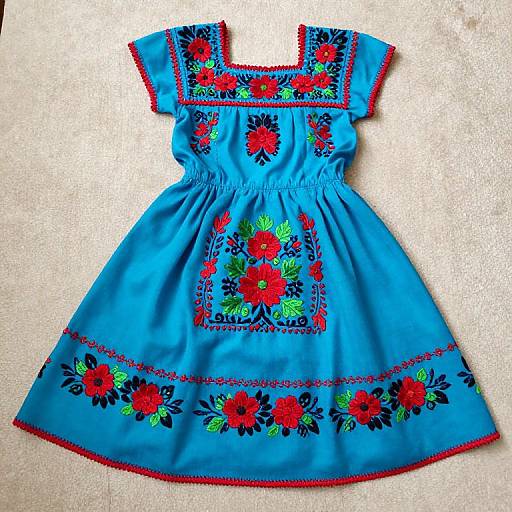 Bright blue embroidered dress with red and green flowers, short sleeves, square neckline, and red trim, laid flat on beige carpet.