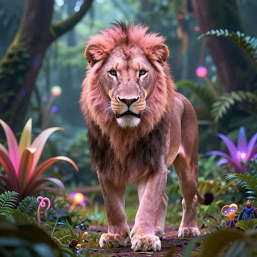 Pink Lion in Surreal Jungle