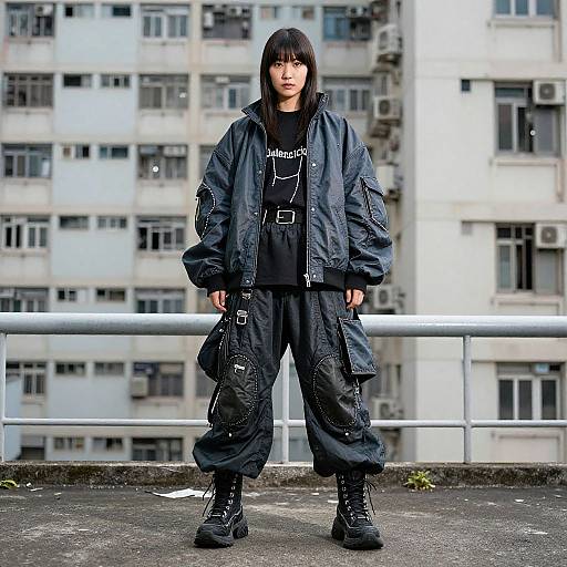 Photograph of an Asian woman with straight black hair, wearing a black shirt, oversized black jacket, cargo pants, and combat boots, standing in front