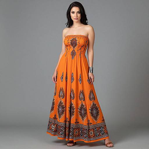 Bohemian Woman in Vibrant Orange Maxi Dress
