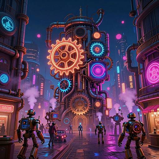 Neon-lit cyberpunk cityscape with glowing gears, steam, and robotic guards; vibrant blue, pink, and orange lights illuminate the futuristic streets