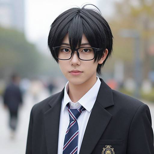 Photograph of an Asian man with black hair, glasses, black blazer, white shirt, and striped tie, standing outdoors with a blurred city background
