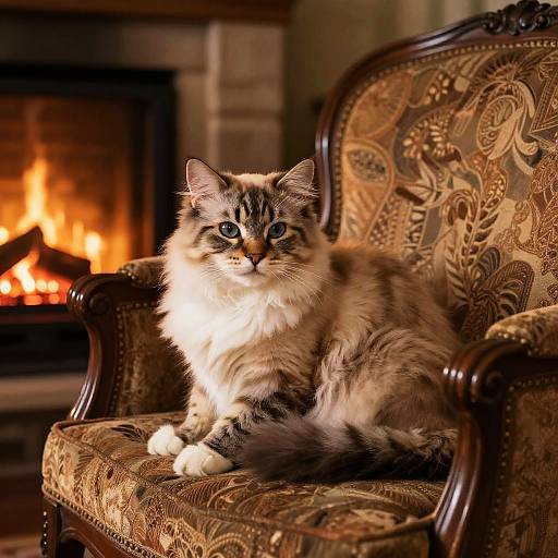 Photograph of a fluffy, long-haired tabby cat with blue eyes sitting on a patterned, antique armchair by a warmly lit fireplace.