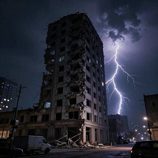Photograph of a dark, stormy night with a tall, ruined building hit by a vivid, bright blue lightning bolt, debris scattered at its base