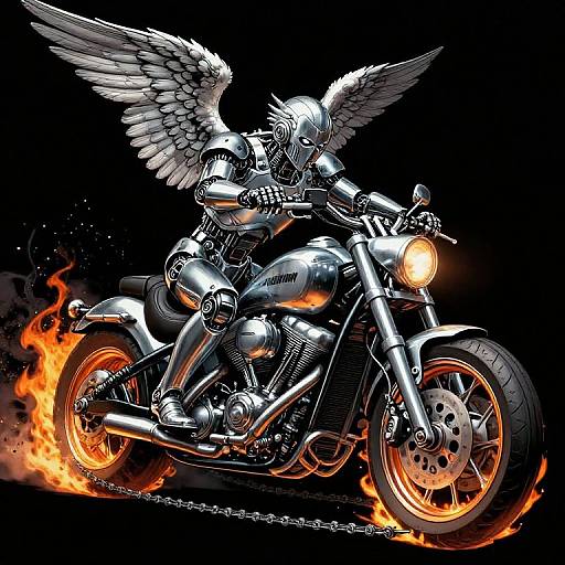 Robotic Angel Riding Flames Motorcycle