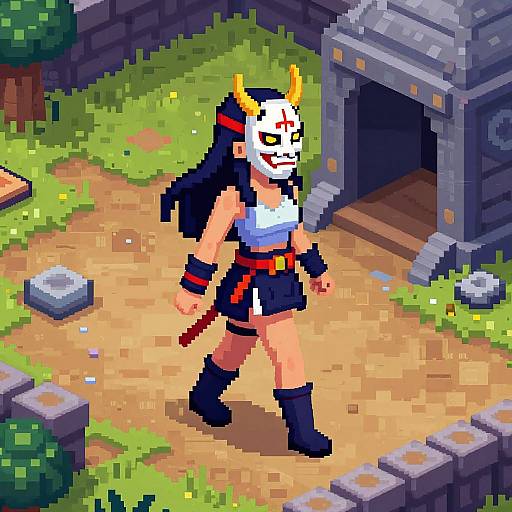 Pixel art of a fierce oni woman with white mask, red horns, black hair, white top, black shorts, red belt, black boots,