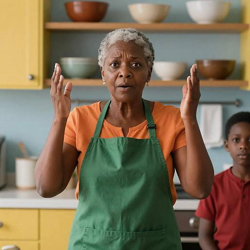 Surprised Woman in Colorful Kitchen Scene