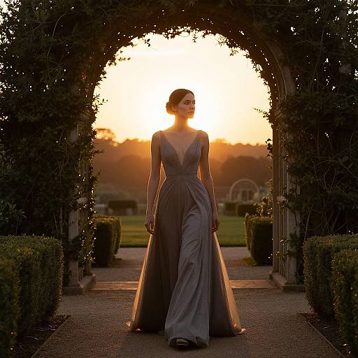 Photograph of a woman in a deep gray, floor-length gown with a plunging neckline, standing in an arched garden pathway at sunset, with