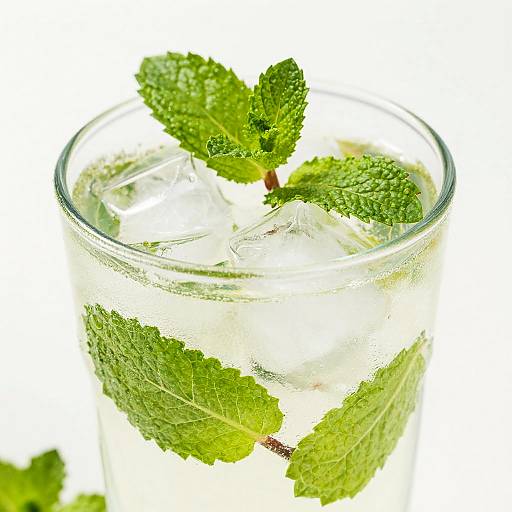 Photograph of a clear glass filled with water, ice cubes, and fresh green mint leaves, with a few leaves on top.