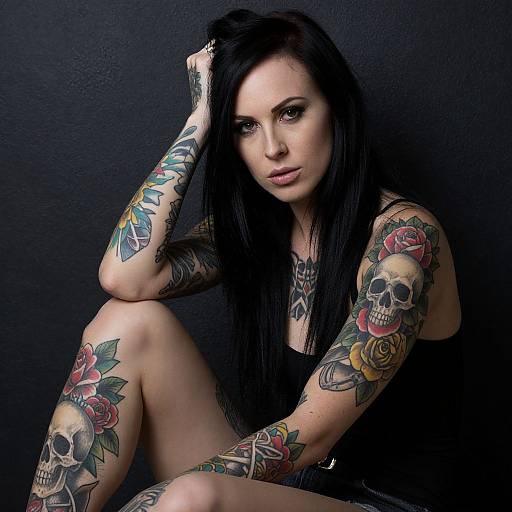 Tattooed Woman Against Dark Background