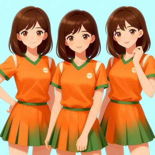 Digital anime-style drawing of three cute, brown-haired girls wearing orange and green V-neck sports uniforms with short skirts, standing against a light blue background.
