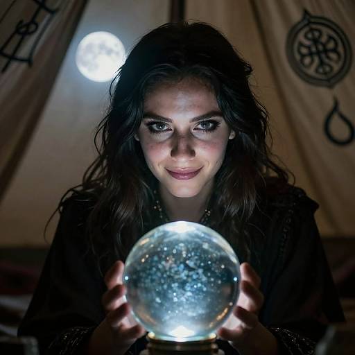 Photograph of a smiling young woman with long, wavy dark hair holding a glowing snow globe, illuminated by moonlight, against a tent backdrop with