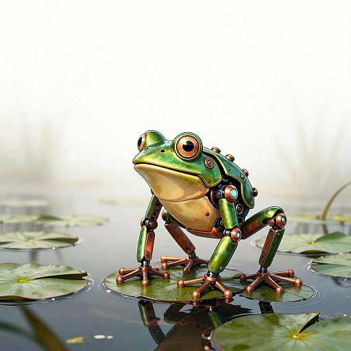 Photorealistic CGI of a green, robotic frog with metallic legs and joints, standing on lily pads in a reflective pond.