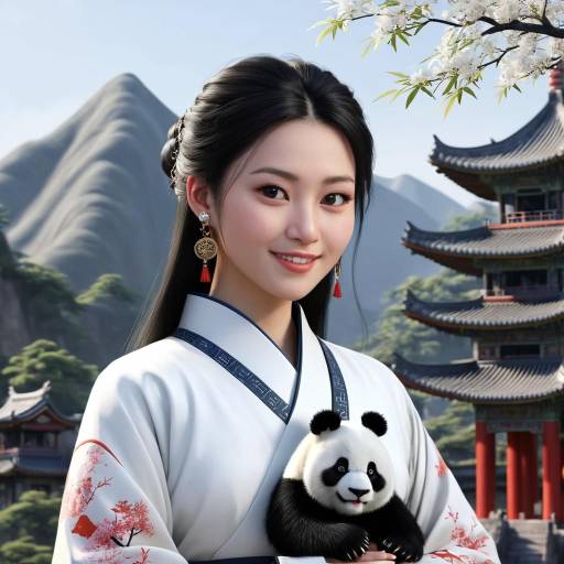 Young Woman in Traditional Hanfu Holding Panda