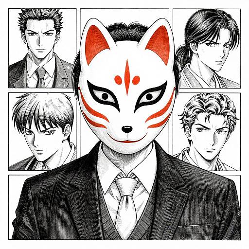 Black-and-white manga-style illustration of a man wearing a red and white fox mask, surrounded by five headshots of serious, black-haired men in suits