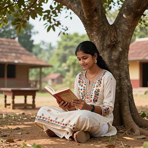 Photograph of a young Indian woman with dark hair, wearing a white embroidered traditional dress, sitting under a tree, reading a book in a rural village