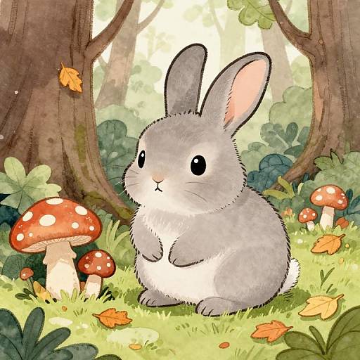 Whimsical watercolor of a gray bunny with large ears, sitting in a forest clearing with red and white mushrooms, green foliage, and falling orange