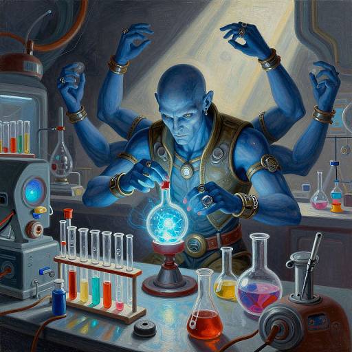 Digital painting of a blue, six-armed, bald male alchemist with gold jewelry, mixing glowing potions in a dimly lit laboratory.
