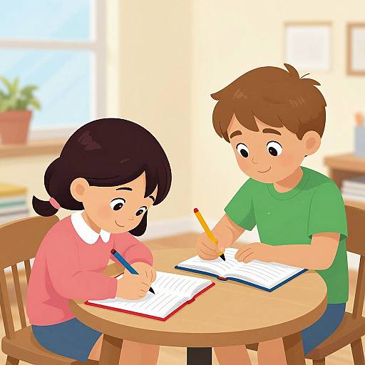 Illustration of a brown-haired boy in a green shirt and a black-haired girl in a pink sweater writing in open books at a wooden table in a