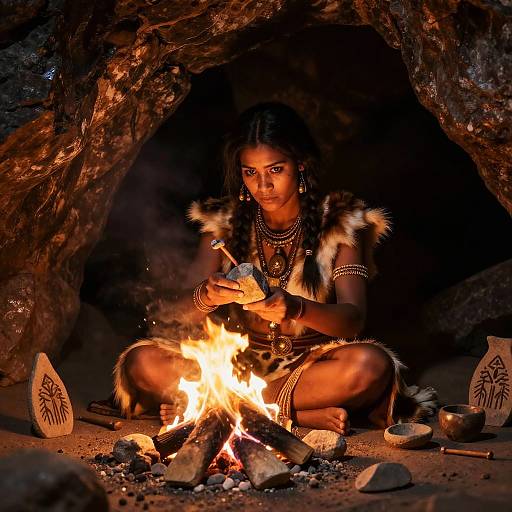 Photograph of a Native American woman with dark skin, braided hair, and tribal jewelry, cooking by a fire in a cave.