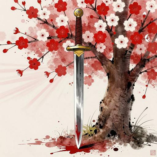 Blood-Stained Sword and Cherry Blossom Art