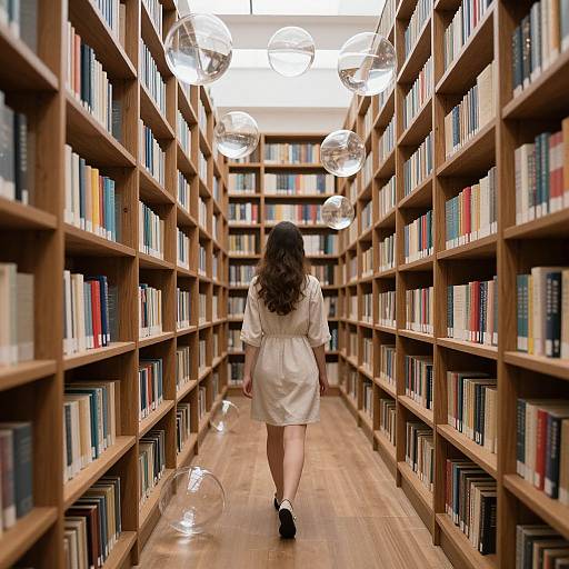 Photograph of a woman with long brown hair, wearing a white dress, walking down a wooden library aisle with hanging glass spheres and colorful bookshelves