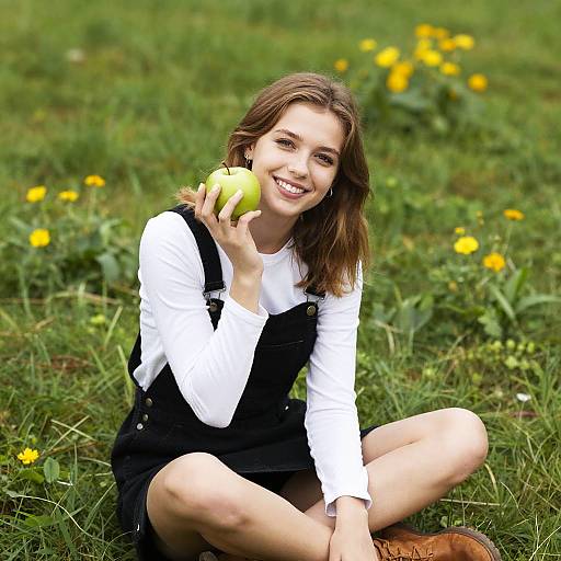 Photograph of smiling young woman with light brown hair, wearing white shirt and black dress, sitting on grass holding a green apple, surrounded by yellow flowers
