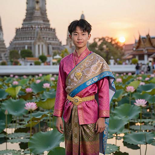 Photograph of a young Asian man in traditional pink and gold Thai attire, standing in a lotus pond at sunset, with ornate temples in the