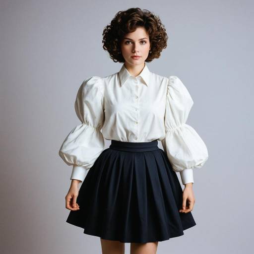 Woman in Mid-1980s Fashion with Puff Sleeve Blouse